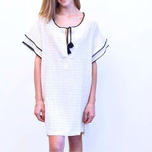 Mirth handwoven cotton caftan mini dress pompom trim and tassels beach cover up